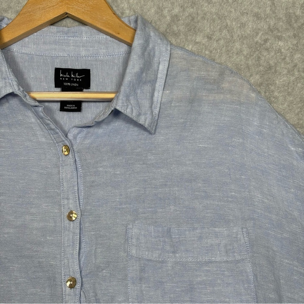 Nicole Miller Oversized Linen Long Sleeve Button Up Shirt-Light Blue-Women Large